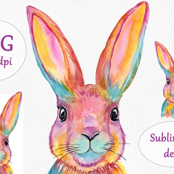 Bunny sublimation design PNG, Watercolor rabbit painting download digital print, Colorful animal art, Sublimation prints