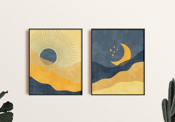 Boho Sun and Moon Wall Art Set of 2 Prints Navy Blue and - Etsy