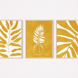 Yellow wall art set of 3 prints, Abstract floral wall art, Botanical wall art, Mid century modern wall art, Mustard decor printable