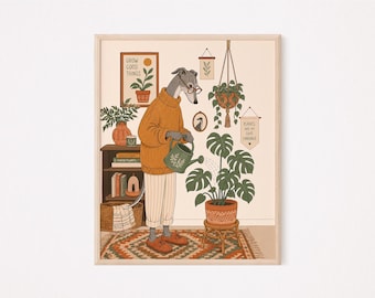 Whimsical Italian Greyhound Wall Art, Cozy Cottagecore Dog in Sweater Boho Plant Lover Gift