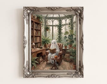 Cozy Ghost Reading Book Wall Art, Whimsigoth Botanical Print, Cottagecore Bookworm Decor for Reading Nook, Halloween Printable