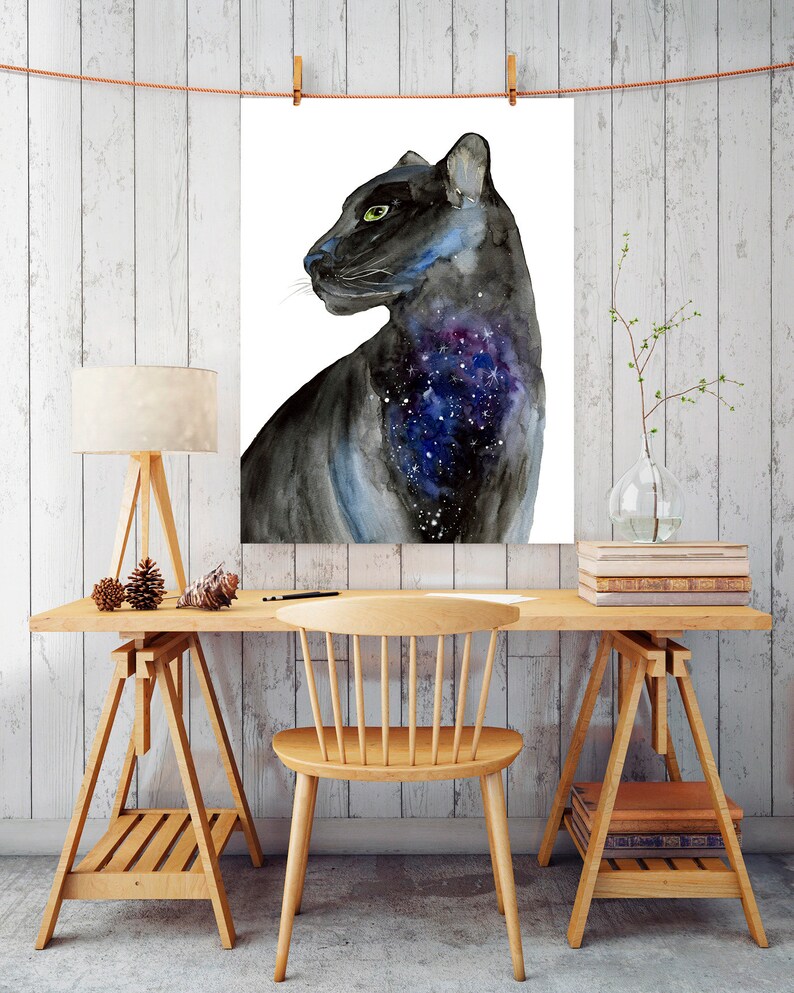 Black panther print for home decor Watercolor galaxy panther Etsy