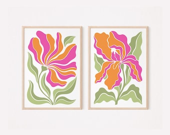 Bold Floral Wall Art Set of 2, Dopamine Decor, Pink Orange Maximalist Iris Flowers, Matisse Style Printable