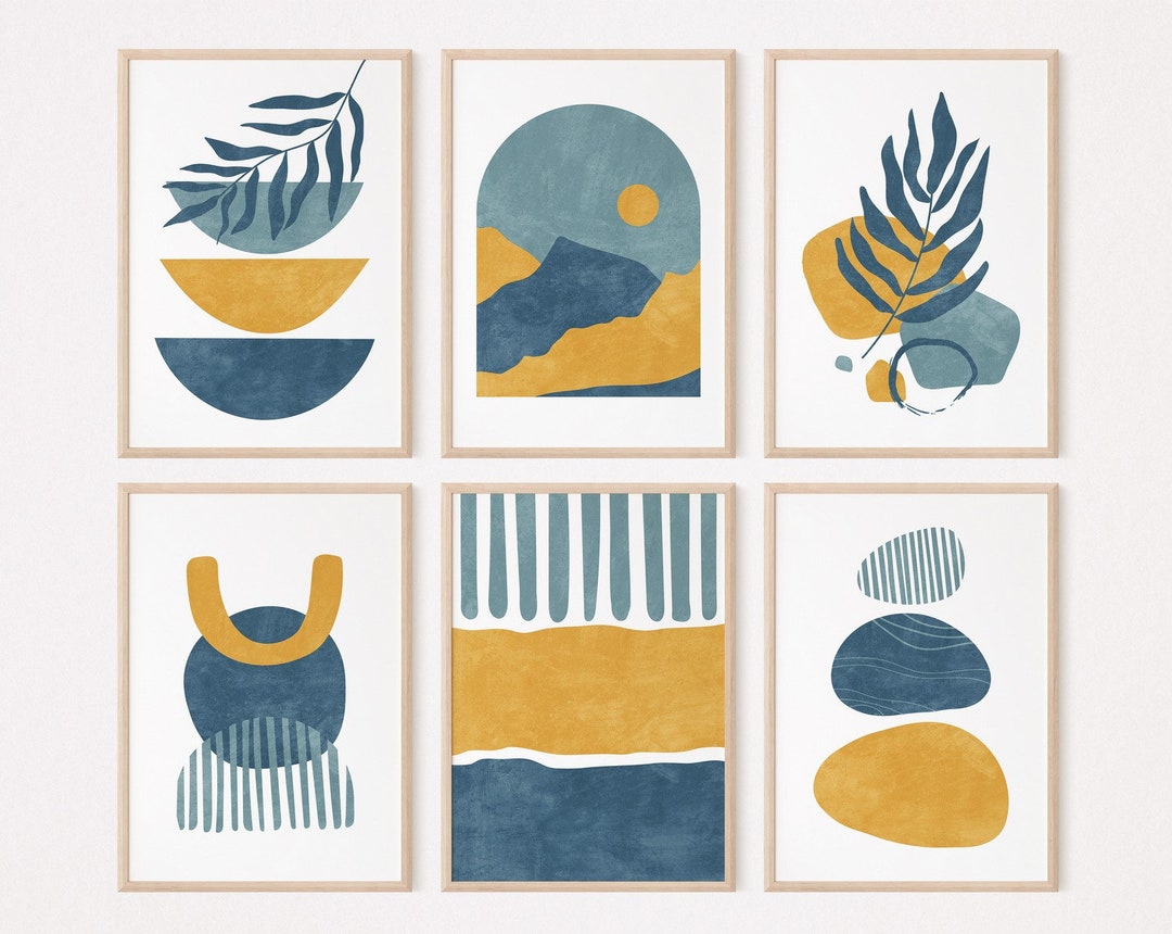 Gallery Wall Set of 6 Prints, Mustard Yellow and Navy Blue Mid Century ...
