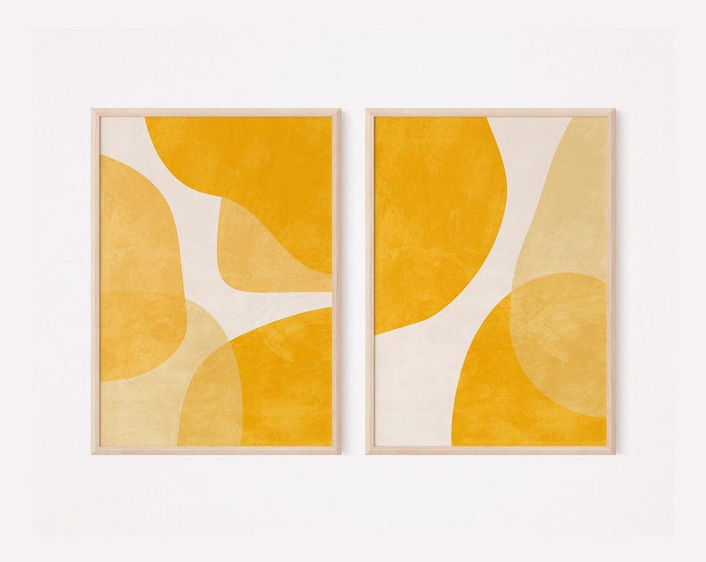 Mid Century Modern Wall Art Set of 2 Prints, Mustard Yellow Abstract ...