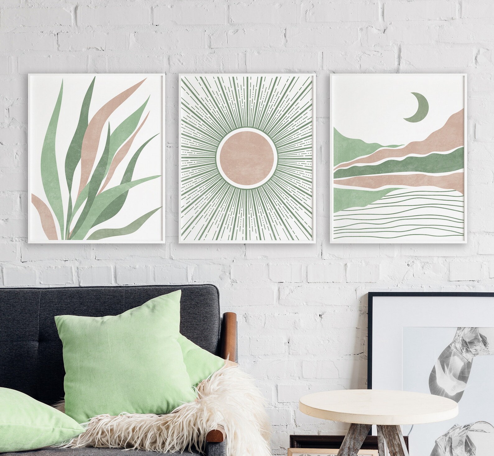 Modern Boho Wall Art Set of 3 Prints, Blush Pink and Sage Green Wall ...