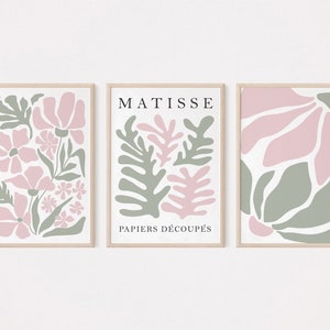 Boho wall art set of 3 prints, Modern blush pink sage green wall art, Matisse print, Abstract floral, Botanical poster Printable