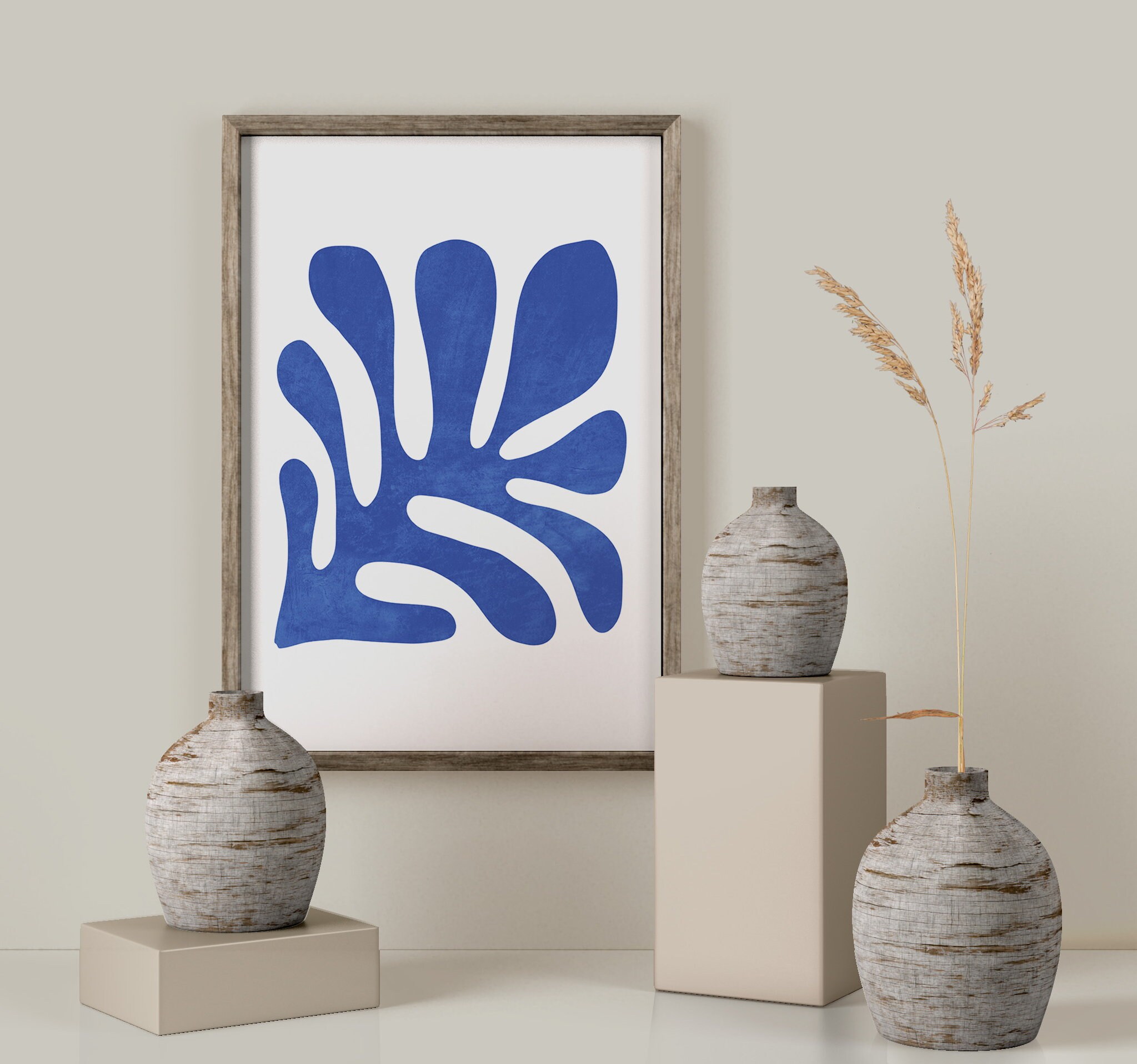 Mid Century Modern Wall Art Blue Abstract Floral Wall Art Etsy