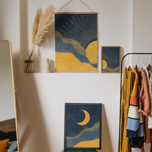 Sun and Moon Wall Art Set of 3 Prints, Modern Boho Wall Art, Navy Blue ...