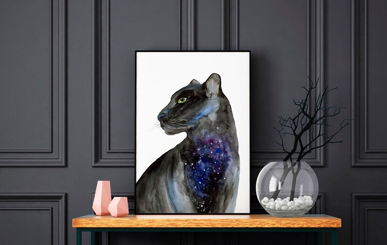 Black panther print for home decor Watercolor galaxy panther Etsy