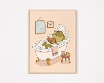 Whimsical Frog in Bathtub Wall Art, Funny Bathroom Print, Cottagecore Animal Poster Printable