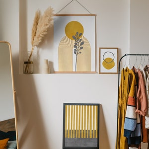 Mid century wall art set of 3 prints, Mustard and grey Geometric abstract wall art, Trendy yellow wall art, Modern floral printable art image 7