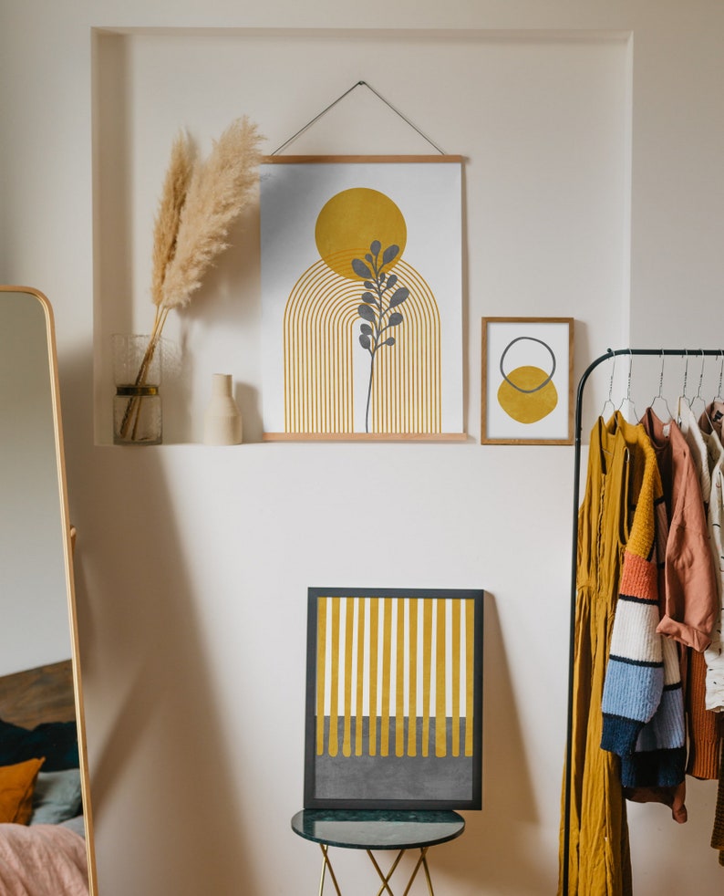 Mid century wall art set of 3 prints, Mustard and grey Geometric abstract wall art, Trendy yellow wall art, Modern floral printable art image 7