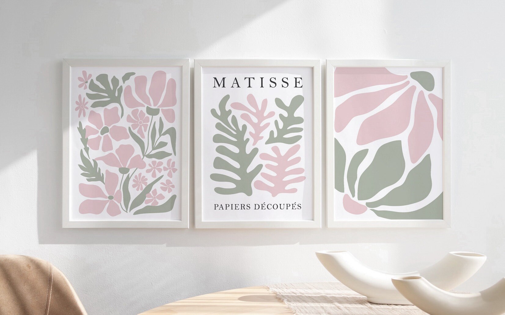 Boho Wall Art Set of 3 Prints, Modern Blush Pink Sage Green Wall Art ...