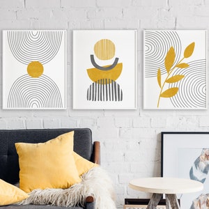 Mid century modern wall art set of 3 prints, Mustard yellow wall art, Boho wall decor, Abstract rainbow and leaves printable wall art image 3