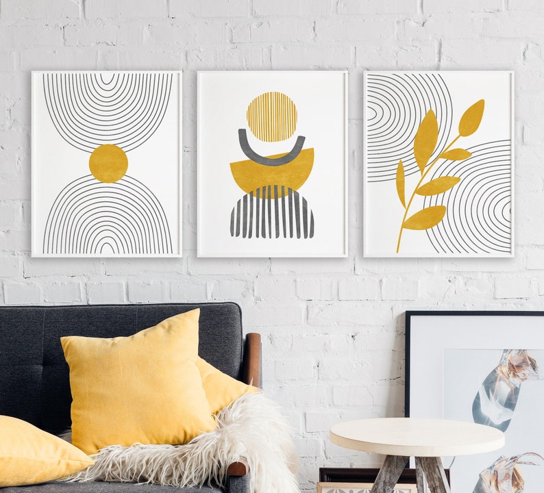 Mid century modern wall art set of 3 prints, Mustard yellow wall art, Boho wall decor, Abstract rainbow and leaves printable wall art image 3