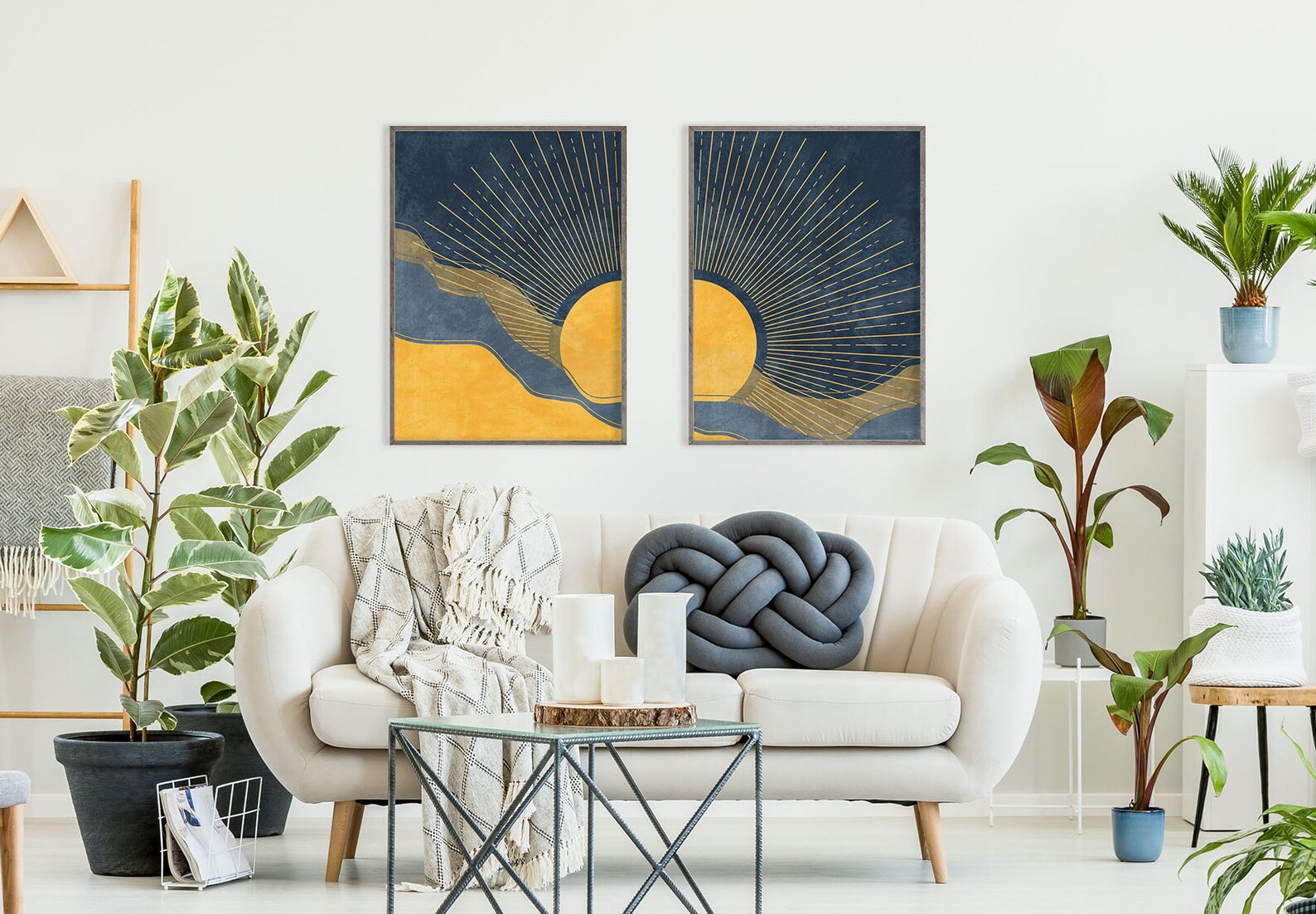 Boho Sun Art Set of 2 Prints, Navy Blue and Mustard Yellow Wall Art ...