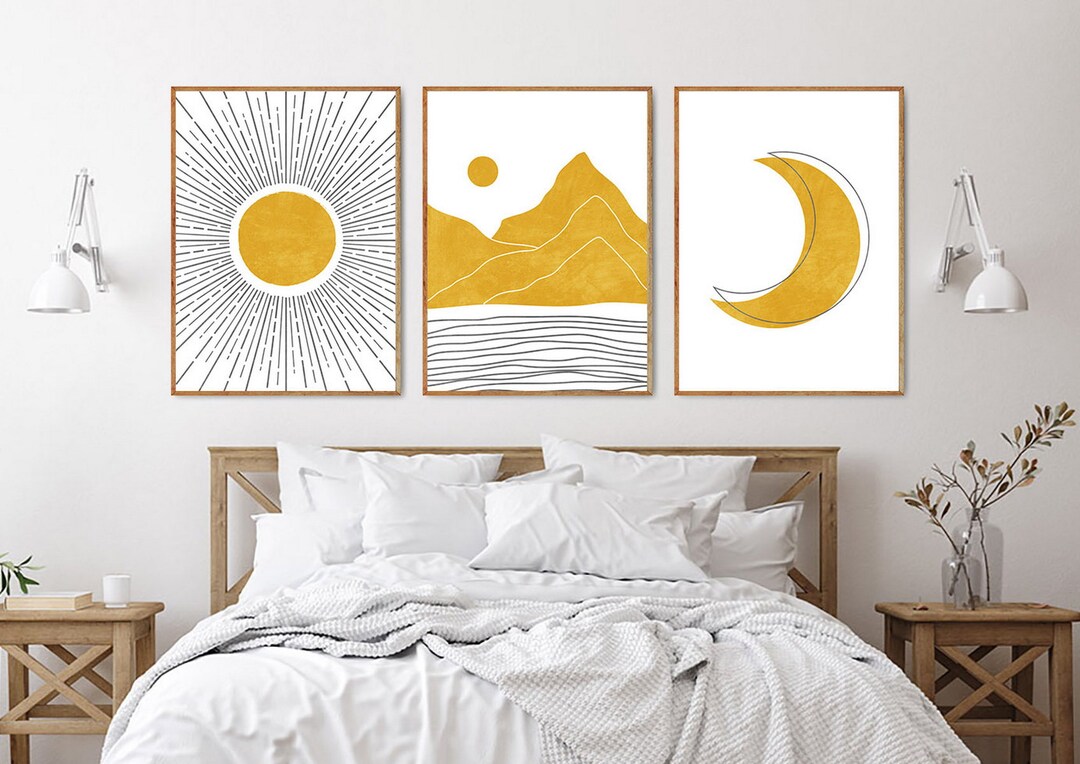 Boho Wall Art Set of 3 Prints, Modern Mustard Yellow Decor, Sun and ...