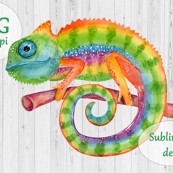 Chameleon sublimation design PNG, Watercolor reptile painting download digital print, Colorful animal art, Sublimation prints