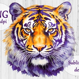 Tiger sublimation design, Watercolor orange and purple tiger mascot art, Tiger head clipart, PNG file for sublimation