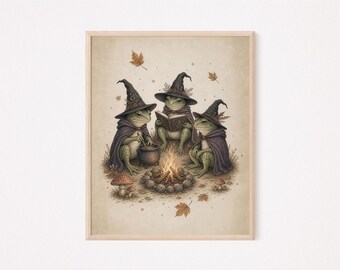 Frog Witches Poster, Vintage Dark Cottagecore Halloween Print, Digital Download