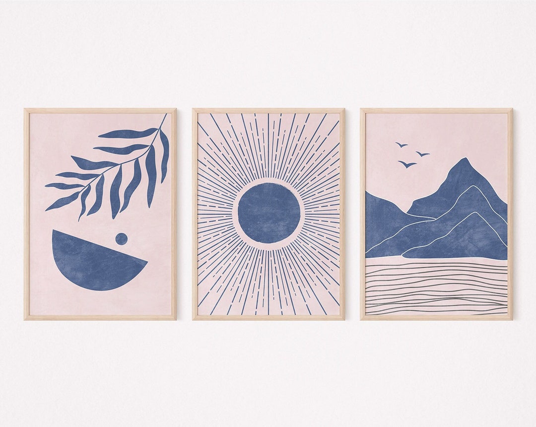 Japandi Wall Art Set of 3 Prints, Dusty Blue and Beige Wall Art ...