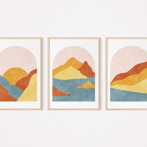 Mid Century modern wall art set of 3 prints, Mountain wall art, Yellow, terracotta and blue wall art, Boho wall decor, Landscape in arch
