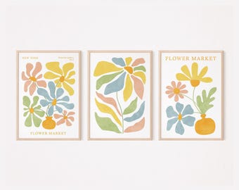 Flower Market Print Set Of 3, Botanical Poster, Abstract Floral Boho Wall Art Printable