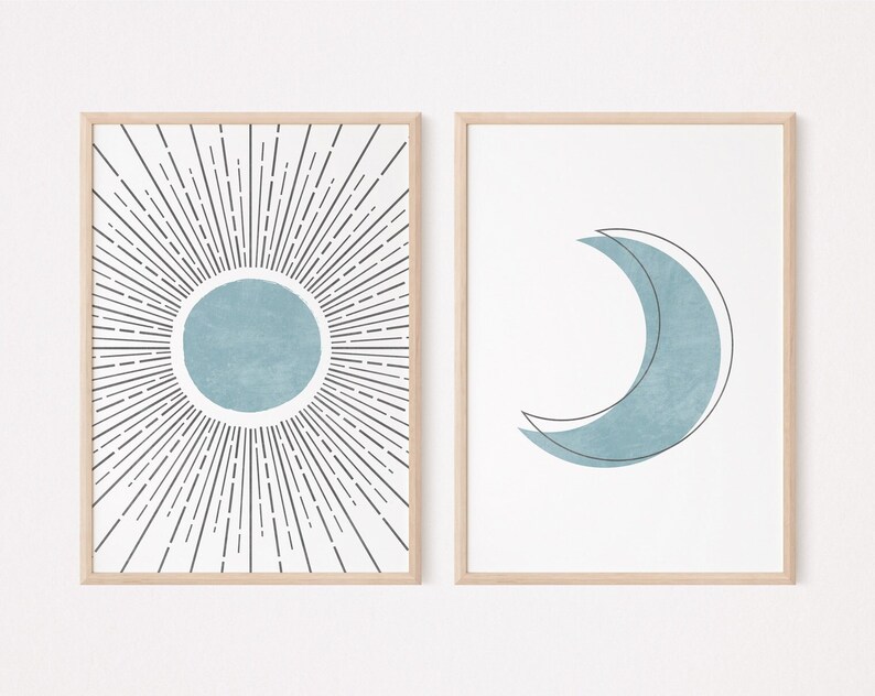 Boho Sun and Moon Wall Art Set of 2 Prints Light Blue Wall Etsy