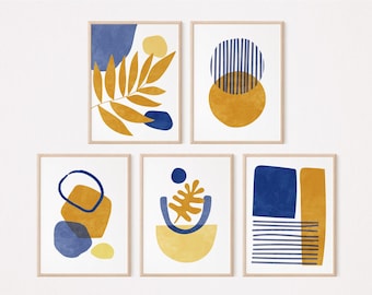 Navy Blue and Mustard Yellow Gallery Wall Set of 5, Mid Century Modern Printable Art, Abstract Boho Wall Decor