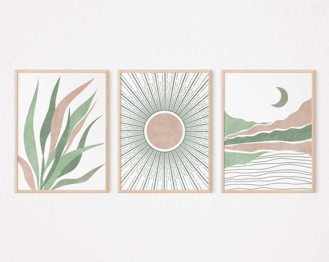 Modern Boho Wall Art Set of 3 Prints, Blush Pink and Sage Green Wall ...