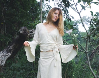 Cárdigan estilo kimono de algodón orgánico: top bohemio cruzado con mangas acampanadas