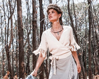 Organic Cotton Fringed Kimono Top: Boho Wrap Blouse