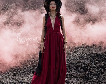 RED DRESS ꧁Kayame꧂ Red goddess dress • Red boho wedding dress • Greek goddess dress • Priestess dress • Dark red prom dress • Red maxi dress