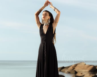 Handmade Black Organic Cotton Goddess Dress: Boho Wedding Gown