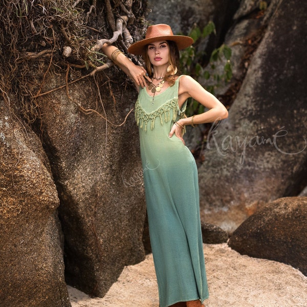 Organic Ombre Fringe Dress • Botanical Dye, Open Back, Sage Goddess Style