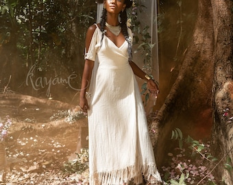 BOHO LINEN DRESS ꧁Kayame꧂ Wedding dress • White fringe dress • Goddess dress • Hippie dress • White wrap dress • Fringe wedding dress