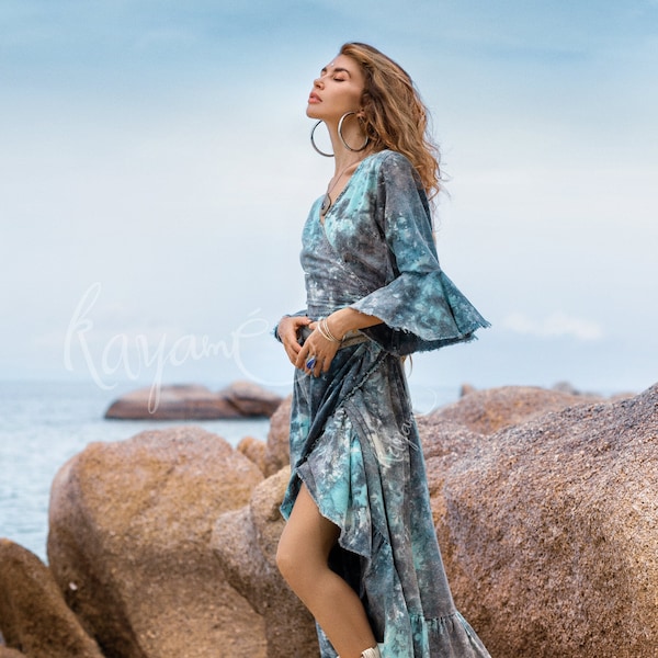 LINEN WRAP DRESS ꧁Kayame꧂ Gypsy wrap dress • Hippie dress • Boho maxi dress • Boho summer dress • Elf dress blue • Blue tie dye dress