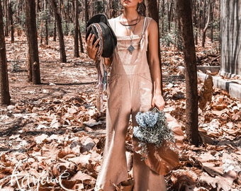 Boho-Leinen-Overall mit weitem Bein: Latzhose aus Bio-Baumwolle