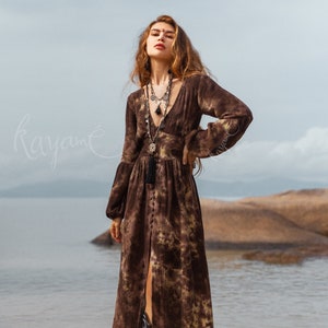 BOHO DRESS Kayame Tie dye brown organic cotton dress Long sleeve dress Boho maxi dress Goddess bohemian dress Cottagecore dress image 1