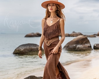 Brown Fringe Maxi Dress • Organic Cotton Boho Tassel Goddess Dress