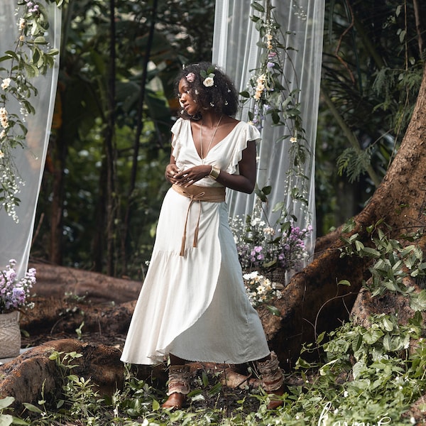 BOHO LINEN DRESS ꧁Kayame꧂ Linen white dress • Linen maxi dress • White wrap dress • Linen wedding dress • Boho wedding dress • Goddess dress