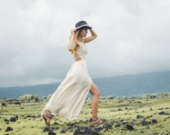 BOHO DRESS ꧁Kayame꧂ White wedding maxi dress • Goddess dress • Raw cotton ceremony dress • Beach wedding dress • Summer halter dress