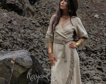 Sukienka maxi w kolorze boho Kayame Sage Green z frędzlami i frędzlami, z organicznej bawełny i lnu