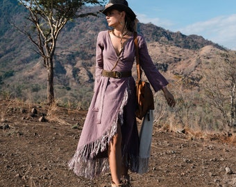 BOHO DRESS ꧁Kayame꧂ Lavender wrap dress • Fringe maxi dress • Gypsystyle clothing • Goddess dress • Organic cotton dress • Linen wrap dress