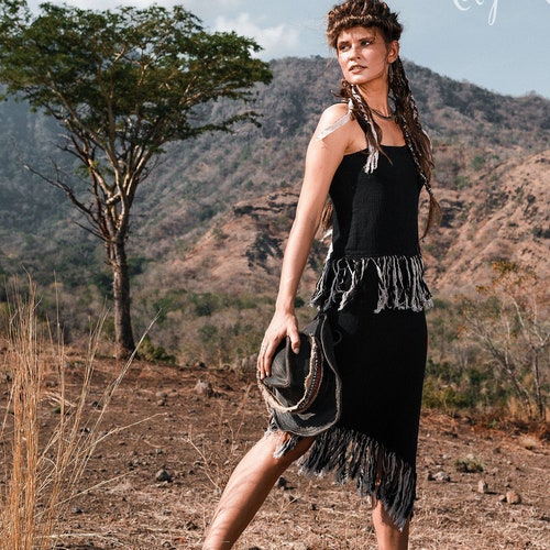 Black fringe dress • Festival dress • Boho mini black dress • One
