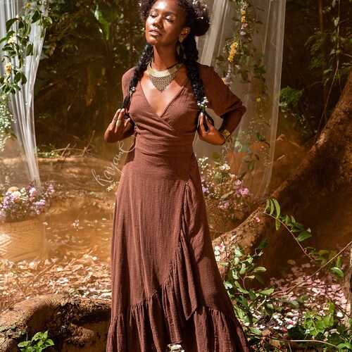 Brown boho wrap dress • Wedding guest goddess dress • Organic cotton maxi dress • Romantic dress • Maternity wrap dress • Summer maxi dress