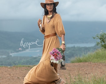 Boho Linen Maxi Dress: Rust Bohemian Wrap Dress