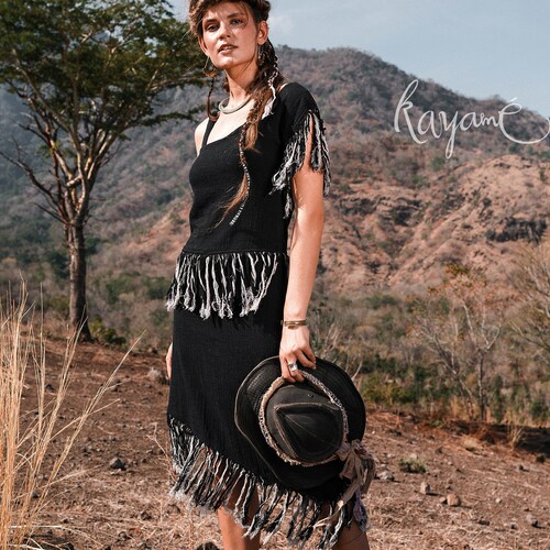 Black fringe dress • Festival dress • Boho mini black dress • One