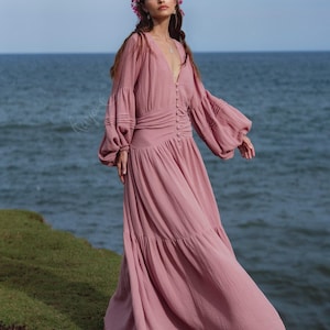 dusty rose maxi dress casual Zapaka Women Dusty Rose Chiffon Long Mother Of The Bride Dress A Line V-Neck Ruched Wedding Guest Dress with Half Sleeves, Dusty Rose / US20W
